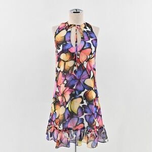 Vtg Y2k Atina Cristina Colorful Butterfly Mini Dress Sz XS Sleeveless Ruffle Hem